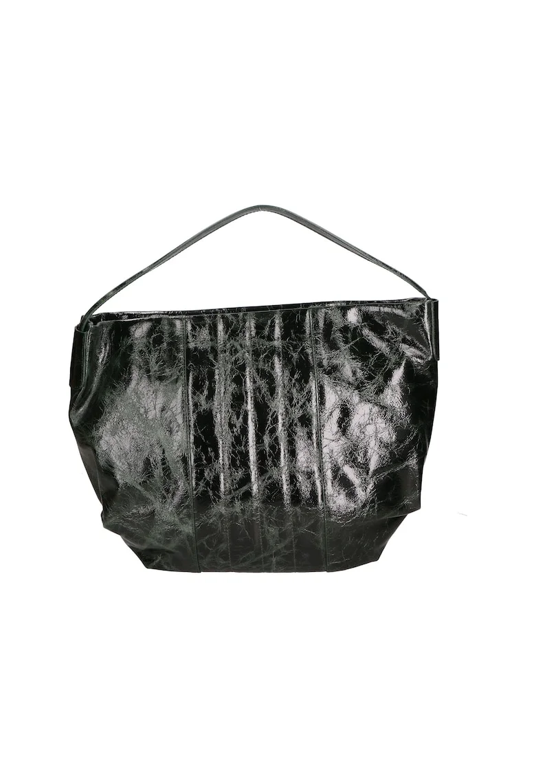 Geanta de piele cu bareta de umar si aspect lacuit, Verde