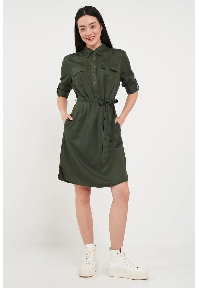 Rochie scurta cu buzunare pe piept, Verde inchis