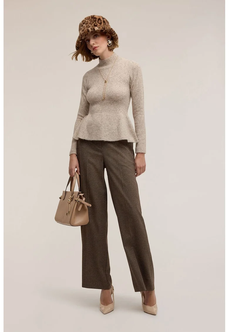 Pantaloni cu croiala ampla si model in carouri, Negru/Maro deschis