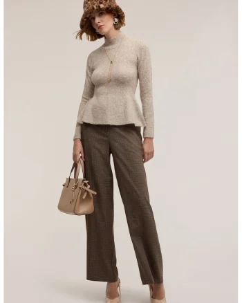 Pantaloni cu croiala ampla si model in carouri, Negru/Maro deschis