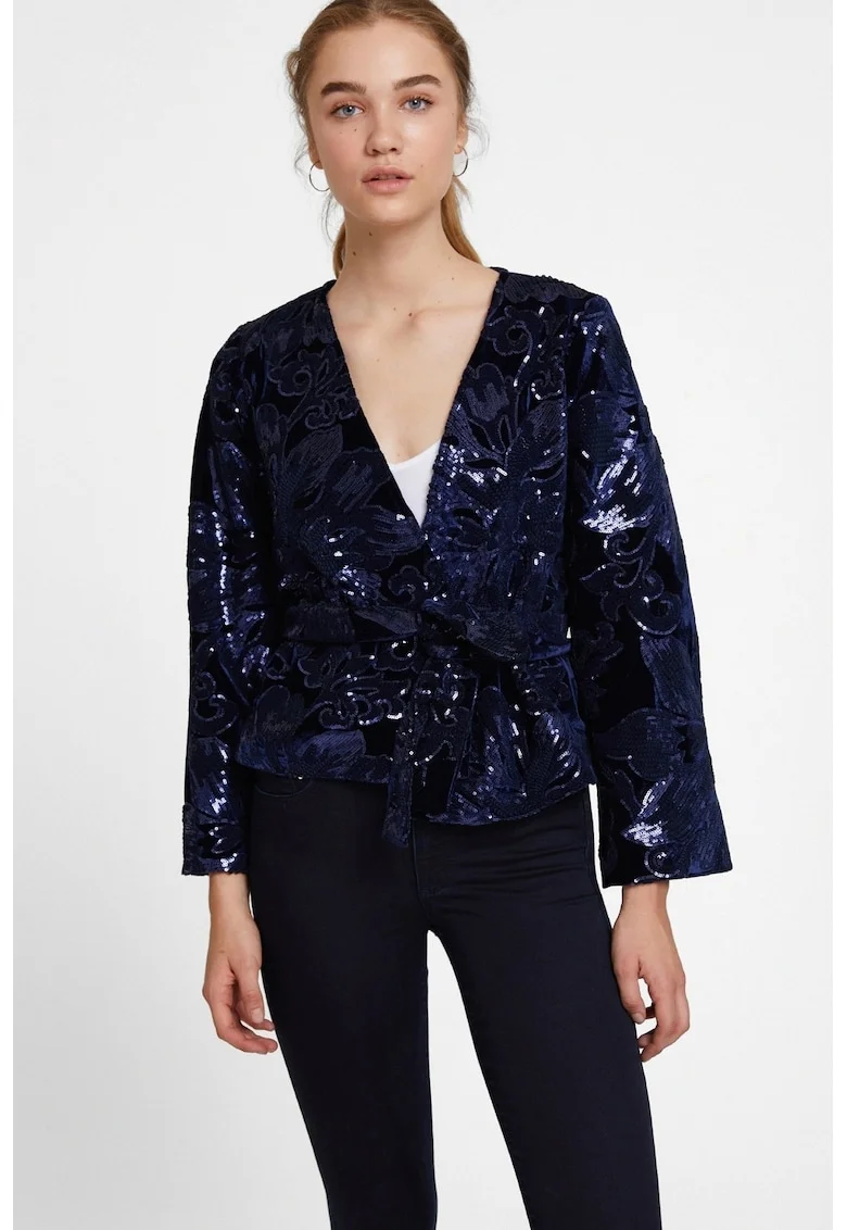 Bluza petrecuta cu decolteu in V, Bleumarin