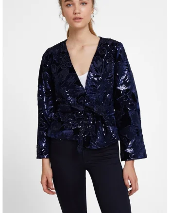 Bluza petrecuta cu decolteu in V, Bleumarin