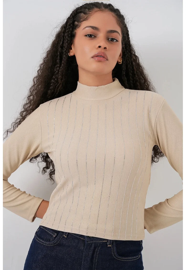 Bluza dama,  Bluza BDART cu dungi, maneca lunga, Maro, Jerseu,