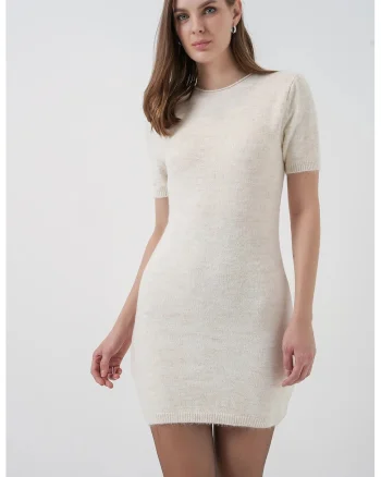 Rochie Mini,  tricotata, crem, material tricot,