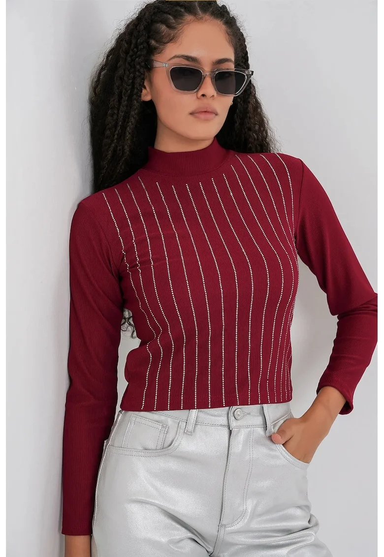 Bluza dama,  Bluza cu maneca lunga, dungi, Rosu Burgundi, Jerseu,