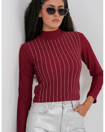 Bluza dama,  Bluza cu maneca lunga, dungi, Rosu Burgundi, Jerseu,