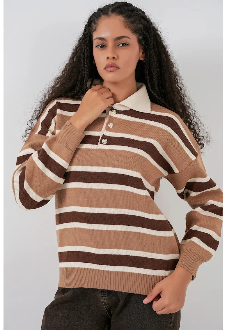 Pulover dama,  polo cu dungi, bej natural, tricot,