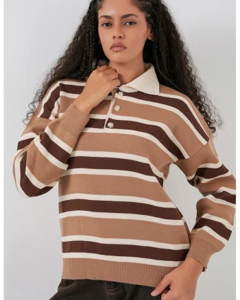 Pulover dama,  polo cu dungi, bej natural, tricot,