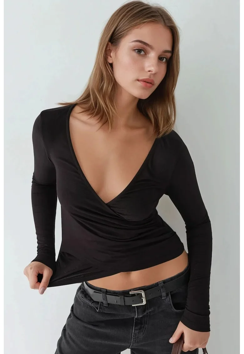 dama,  top cu maneca lunga, decolteu in V, negru, jerseu, Negru