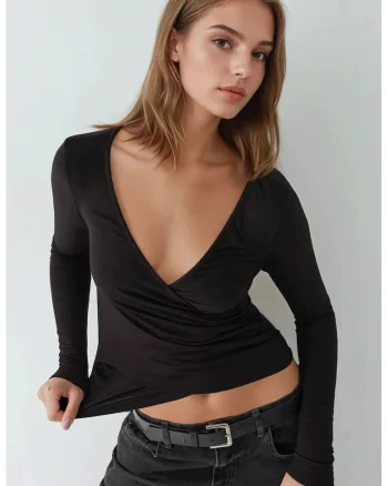 dama,  top cu maneca lunga, decolteu in V, negru, jerseu, Negru