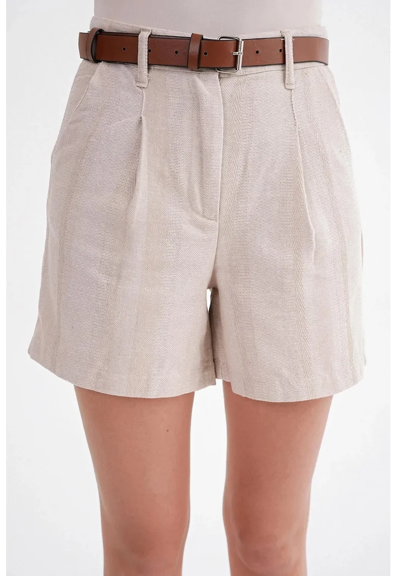 Pantaloni scurti dama,  talie inalta, detaliu curea, natural, textil