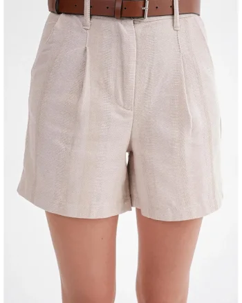 Pantaloni scurti dama,  talie inalta, detaliu curea, natural, textil