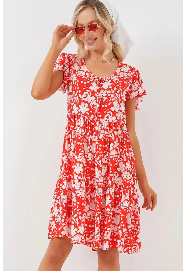 Rochie mini  cu volane, decolteu in V, rosie, textil