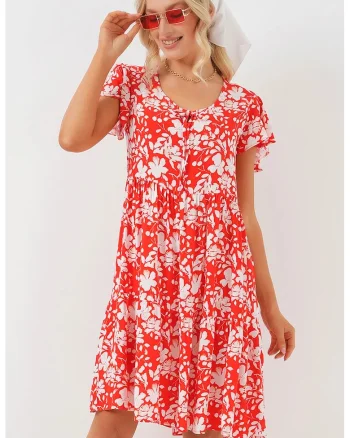 Rochie mini  cu volane, decolteu in V, rosie, textil
