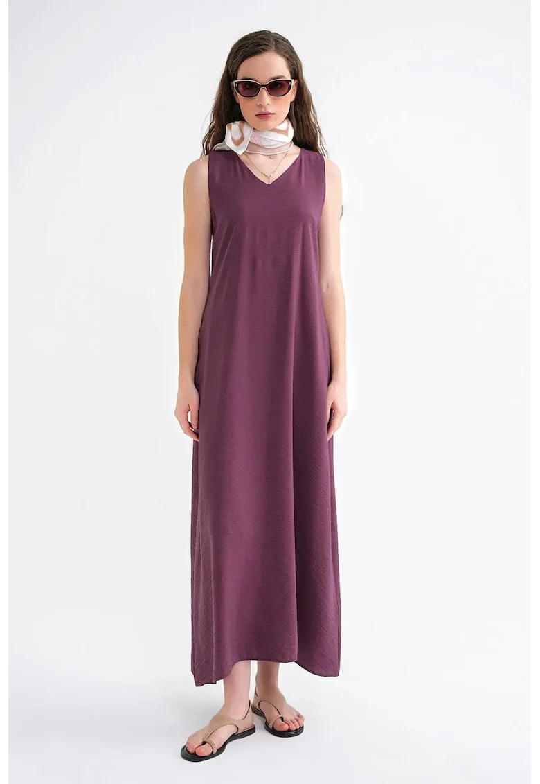 Rochie Maxi,  fara maneci, guler in V, rosu, textil