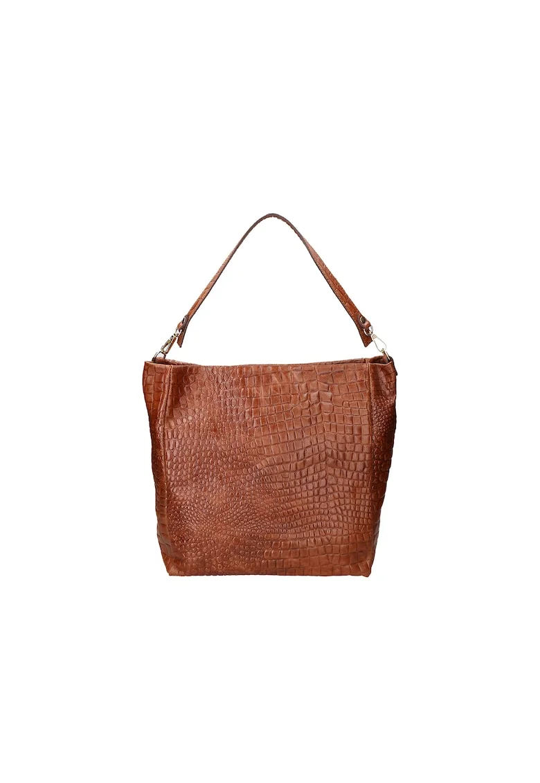 Geanta hobo de piele cu model piele de reptila, Maro