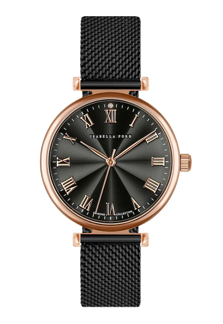 Ceas analog cu un diamant Louise, Auriu rose/Negru