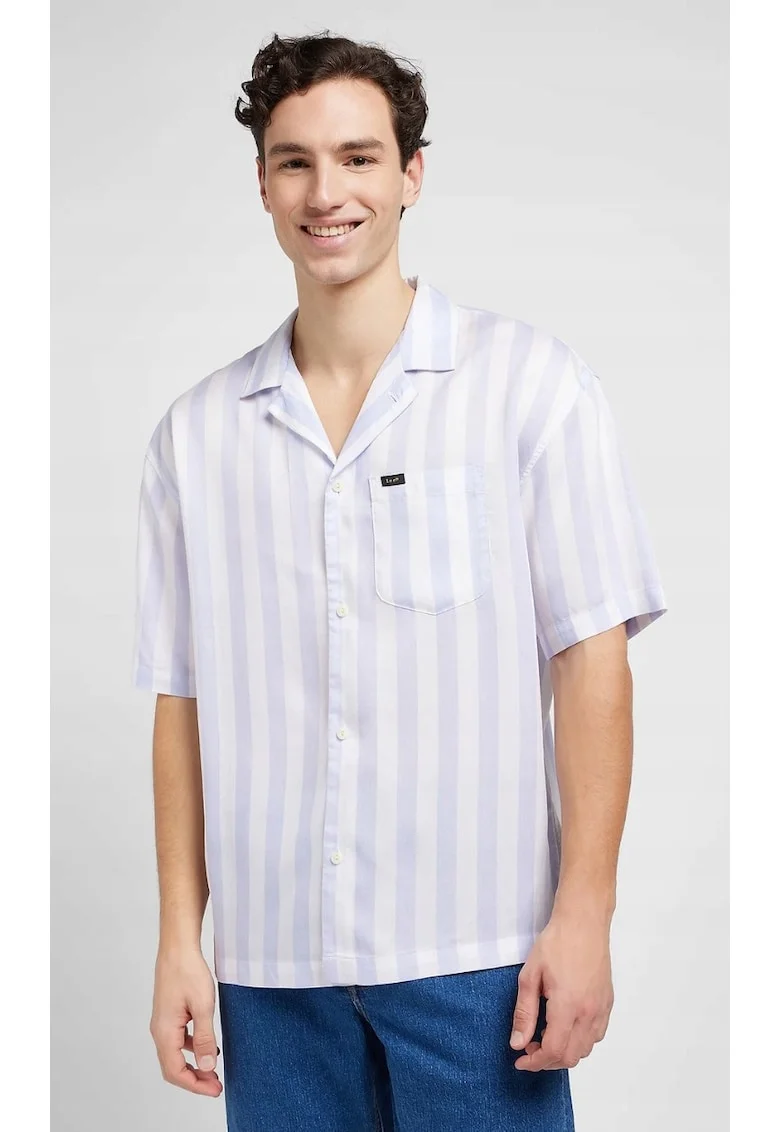 Camasa barbati  Camp Shirt, croiala lejera, alba cu dungi zmeurie, 100% lyocell, maneca scurta