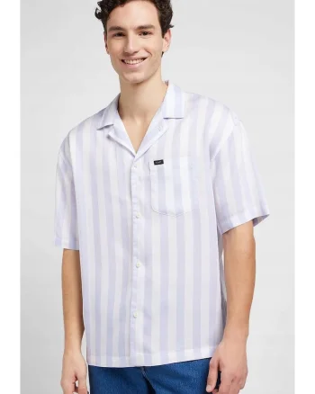 Camasa barbati  Camp Shirt, croiala lejera, alba cu dungi zmeurie, 100% lyocell, maneca scurta