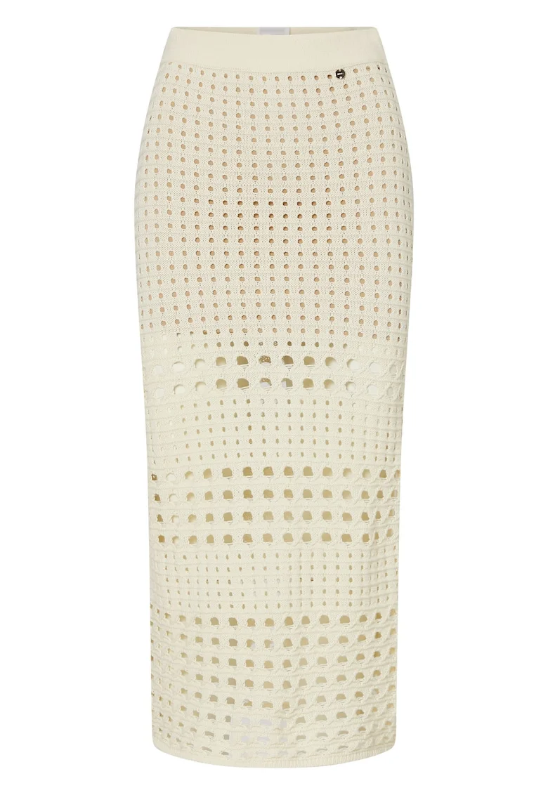 Fusta midi dreapta tricotata cu aspect perforat, Galben pal