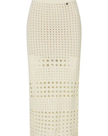 Fusta midi dreapta tricotata cu aspect perforat, Galben pal