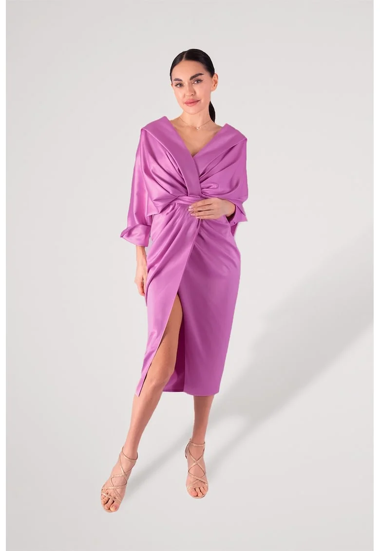 Rochie din satin cu aspect drapat, Roz orhidee