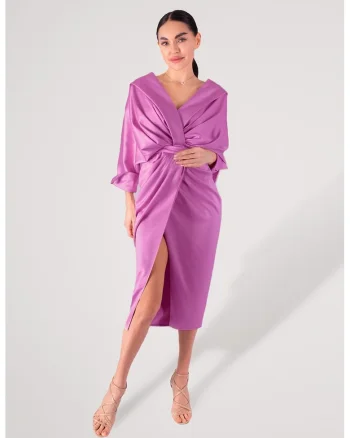 Rochie din satin cu aspect drapat, Roz orhidee