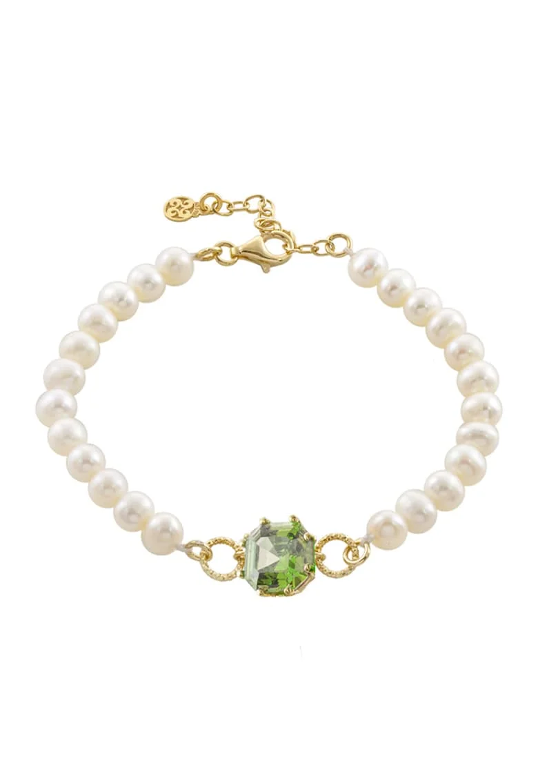 Bratara cu perle sintetice si zirconia, Alb/Verde/Auriu