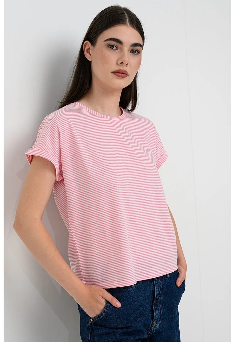 Tricou cu decolteu la baza gatului si model in dungi Nelli, Alb/Roz deschis