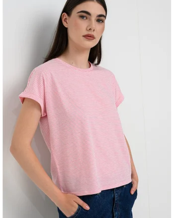Tricou cu decolteu la baza gatului si model in dungi Nelli, Alb/Roz deschis