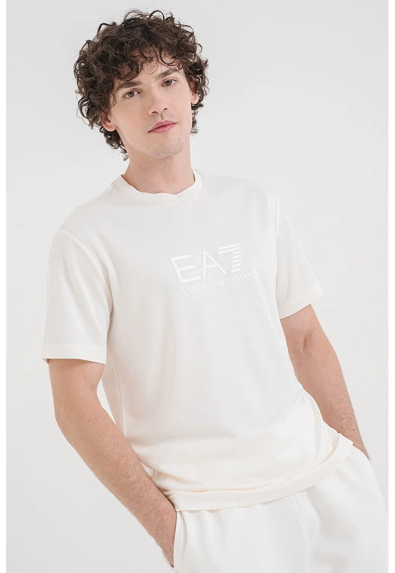 Tricou din amestec de modal cu aplicatie logo, Alb fildes