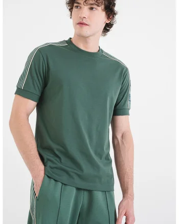 Tricou cu decolteu la baza gatului si dungi laterale contrastante, Verde padure