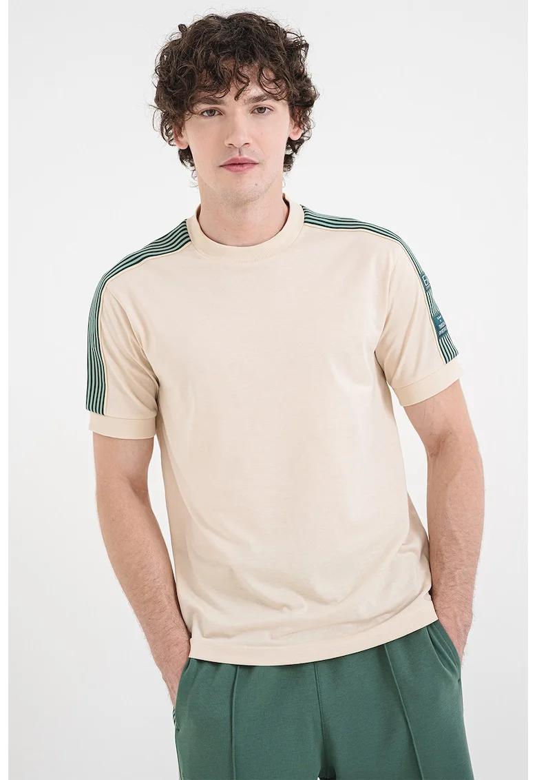 Tricou cu decolteu la baza gatului si dungi laterale contrastante, Bej inchis