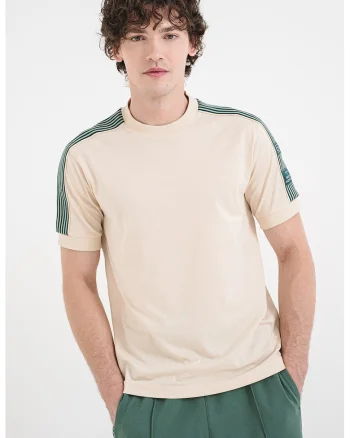 Tricou cu decolteu la baza gatului si dungi laterale contrastante, Bej inchis