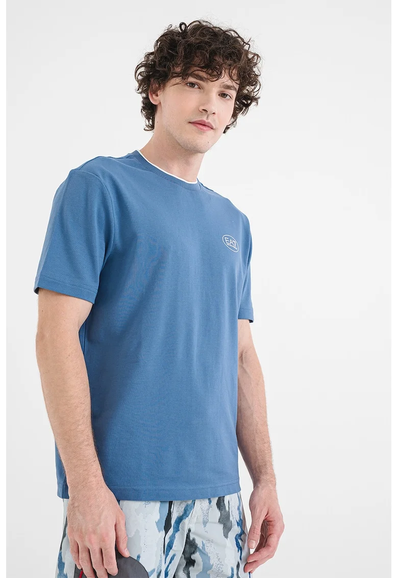 Tricou din bumbac cu decolteu la baza gatului, Albastru stins