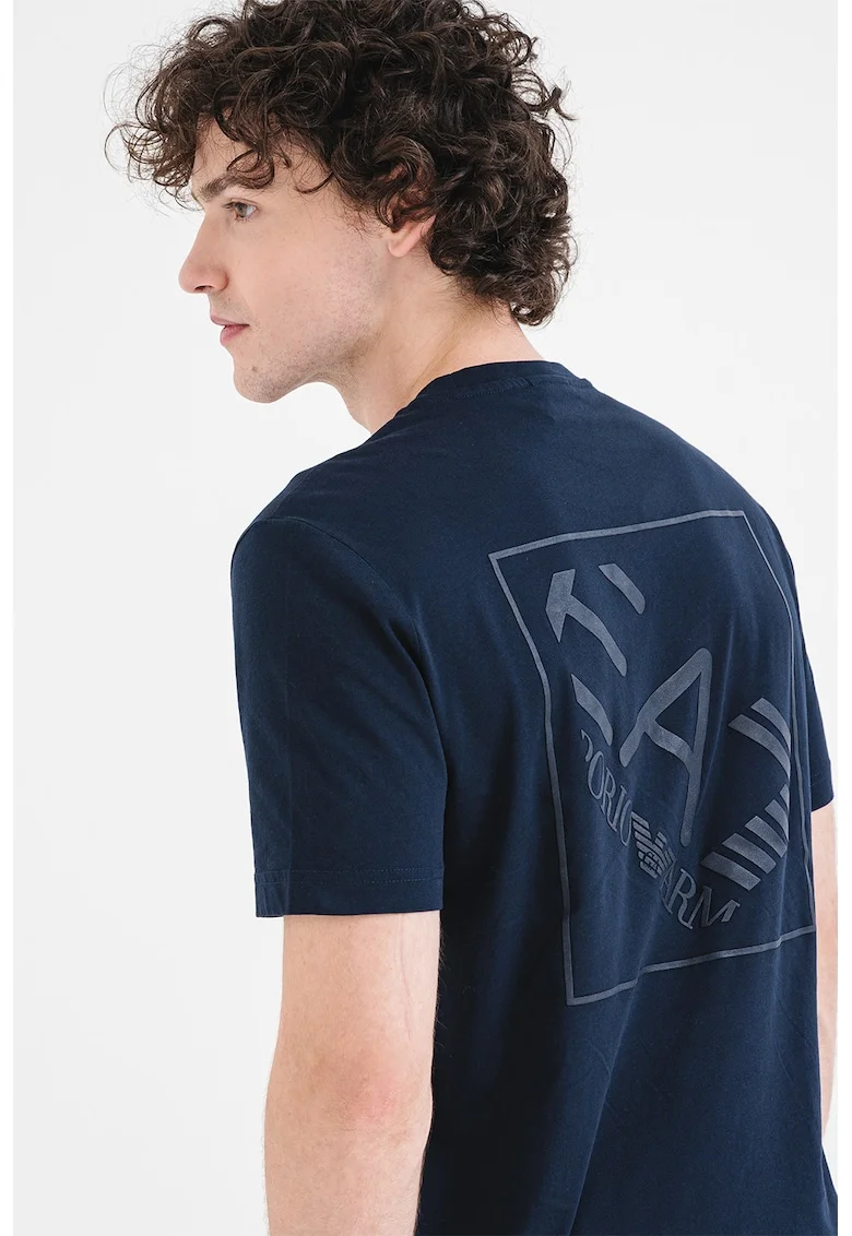 Tricou cu decolteu la baza gatului si imprimeu logo discret, Albastru ultramarin