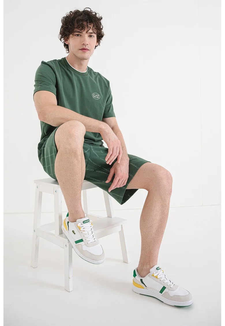Tricou din bumbac cu decolteu la baza gatului, Verde padure