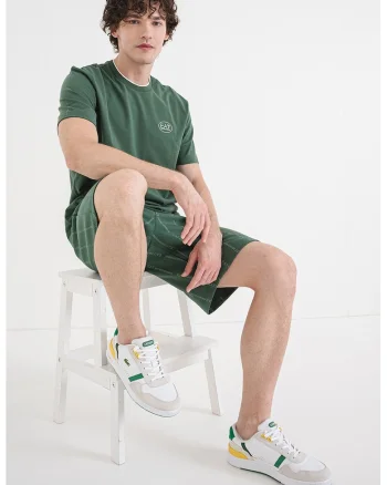 Tricou din bumbac cu decolteu la baza gatului, Verde padure