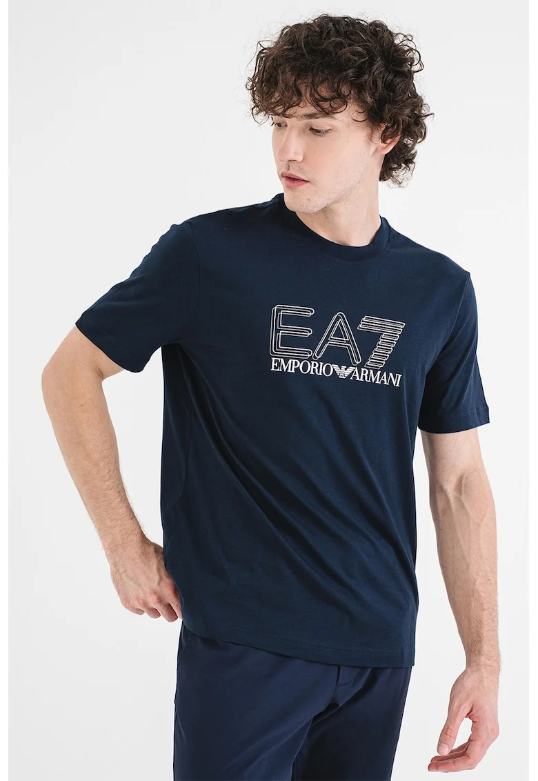 Tricou regular fit din bumbac cu imprimeu logo, Albastru ultramarin