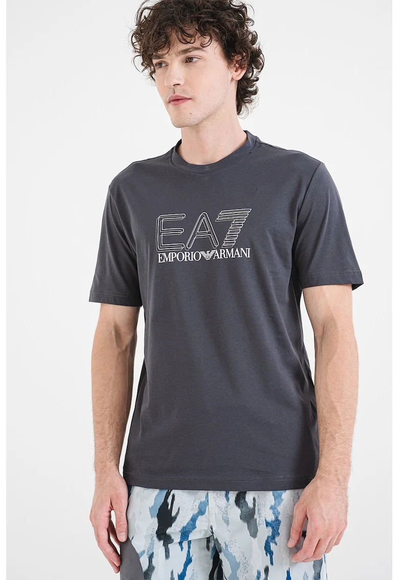 Tricou regular fit din bumbac cu imprimeu logo, Gri antracit