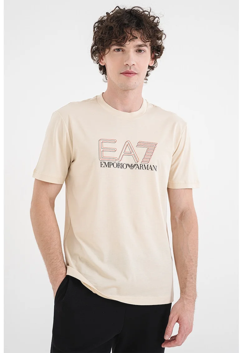 Tricou regular fit din bumbac cu imprimeu logo, Bej deschis