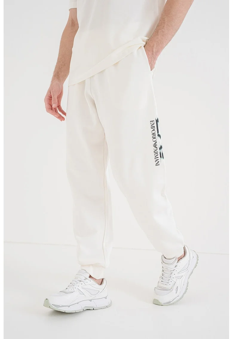Pantaloni de trening relaxed fit cu imprimeu logo lateral, Alb murdar
