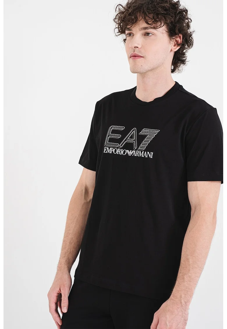 Tricou regular fit din bumbac cu imprimeu logo, Negru