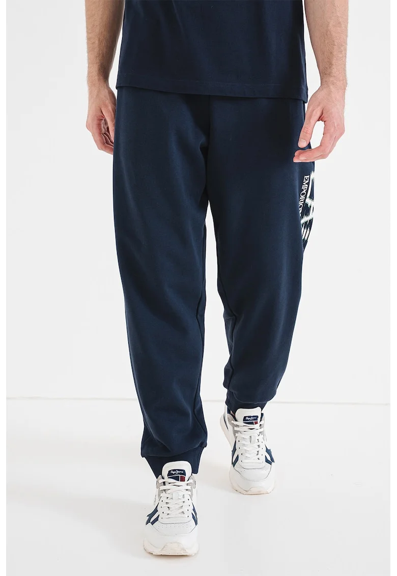 Pantaloni de trening relaxed fit cu imprimeu logo lateral, Albastru inchis
