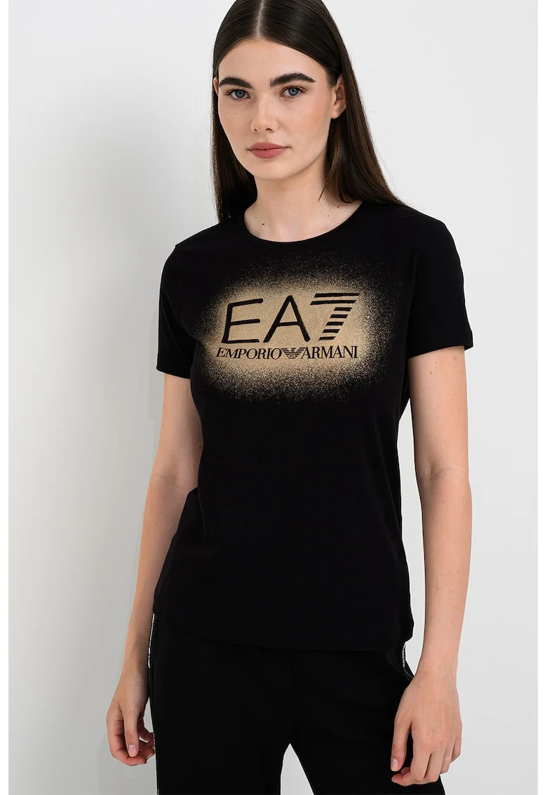 Tricou cu imprimeu si decolteu la baza gatului, Negru