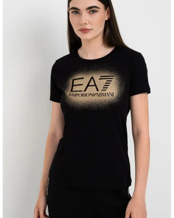Tricou cu imprimeu si decolteu la baza gatului, Negru