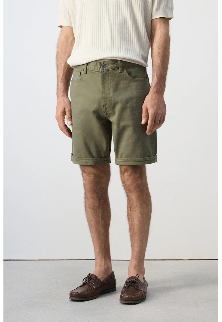 Bermude din denim cu talie medie, Kaki