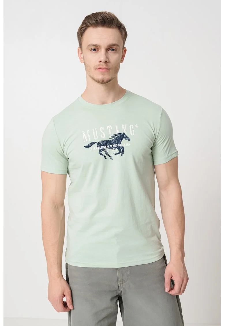 Tricou de bumbac cu imprimeu logo, Negru/Verde menta