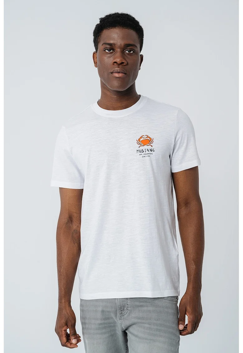 Tricou cu decolteu la baza gatului si imprimeu grafic Austin, Alb/Portocaliu