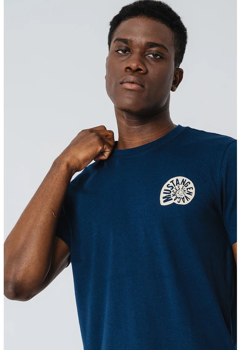 Tricou din bumbac cu decolteu la baza gatului, Crem/Bleumarin